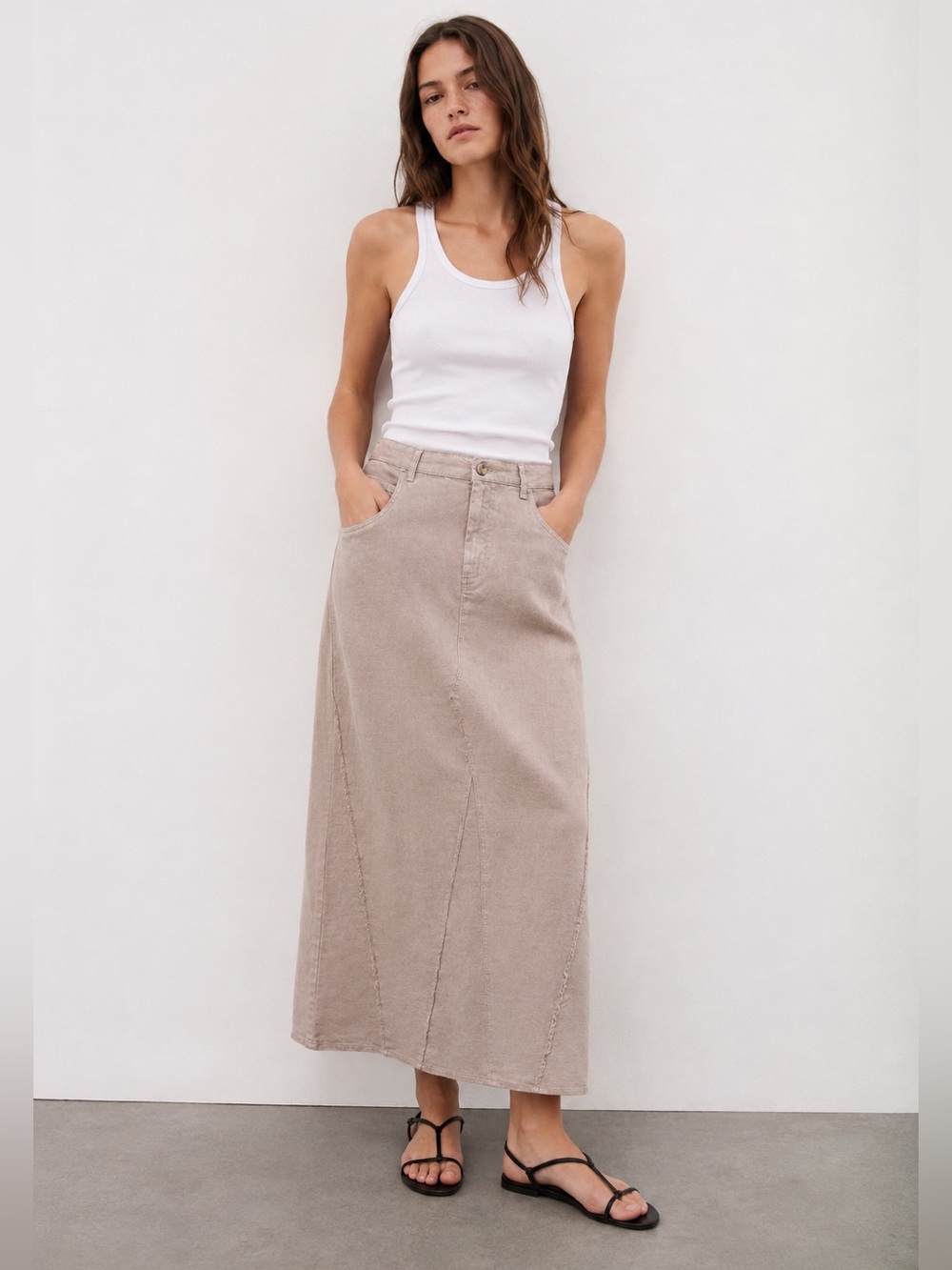 New Zara Linen Blend Maxi Skirt Neutral Beige High Waist Straight Column Skirt